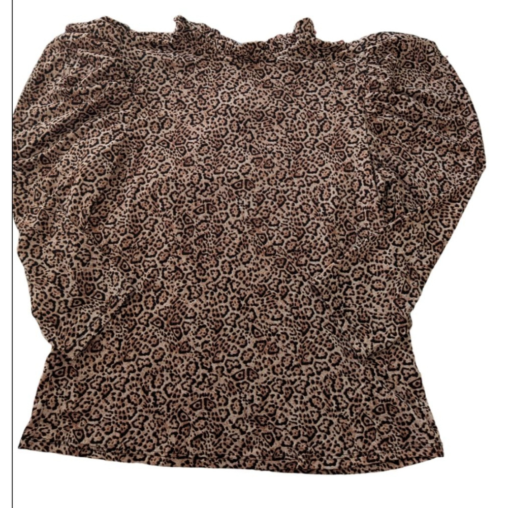 Women's CeCe Tan Black Leopard Print Ruffle Neck Blouse Top XS